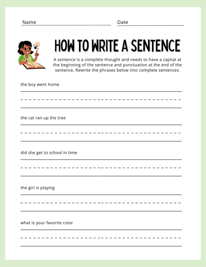 Work on Writing: Sentence Fragments practice sheet for grade 3 Worksheet for identifying and correcting sentence fragments for third graders