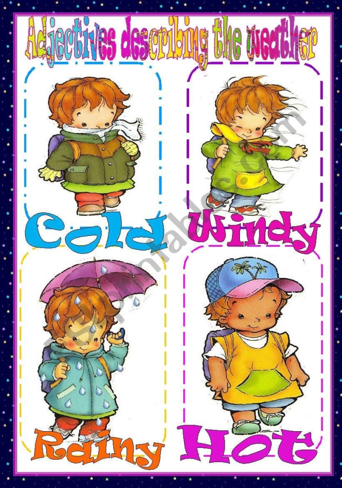 Worksheet featuring adjectives for describing weather in a fun, engaging manner for second graders