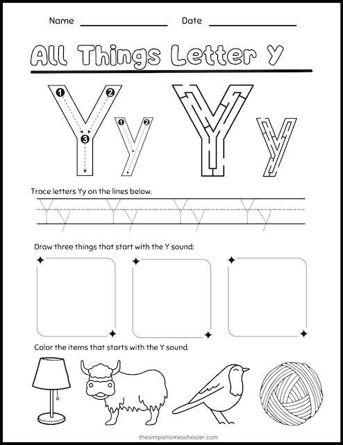 Preschool worksheet focusing on the letter Y with fun coloring activities