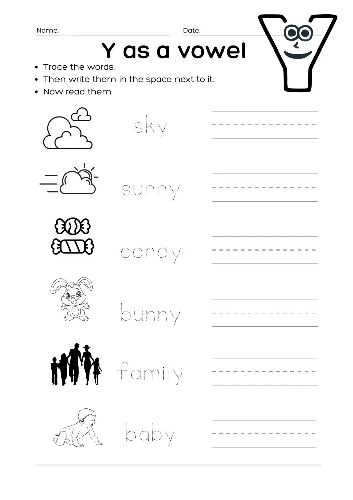 First grade worksheet practicing the letter Y as a vowel with geography-themed words