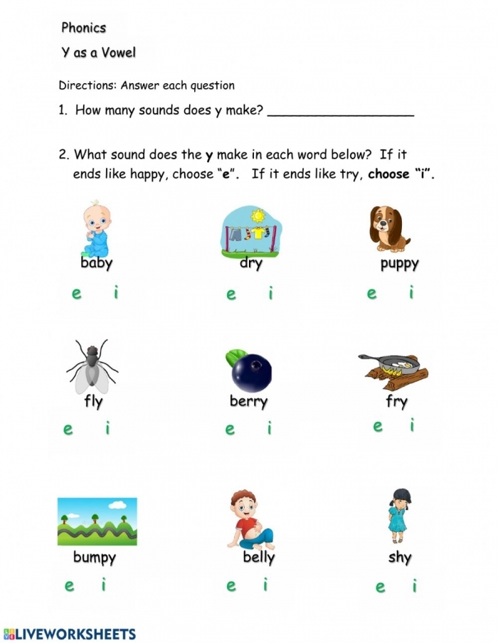 First grade Y as a vowel worksheet with geography-themed words to practice reading